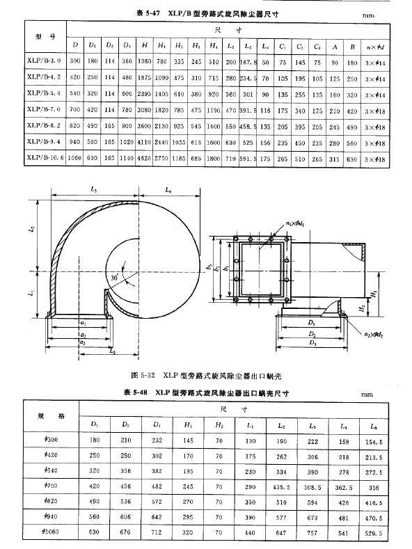 XLP/B型旁路式旋风除尘器尺寸